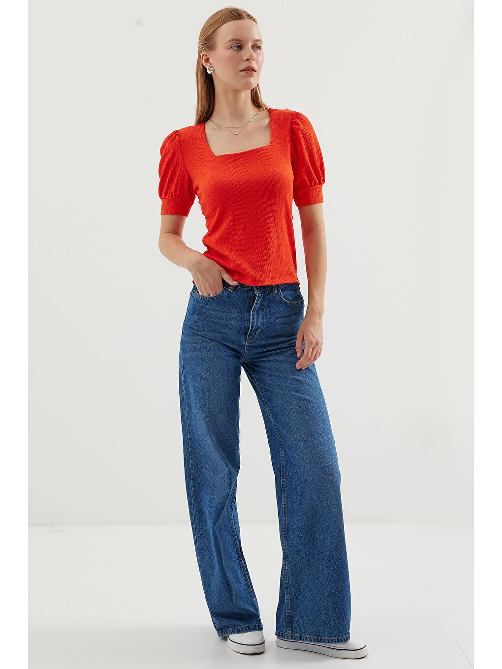 Turuncu 0409 Kare Yaka Örme Bluz - Oranje-2