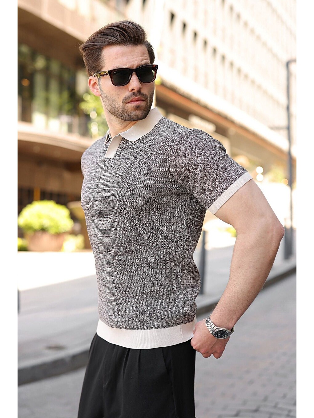 Bej Taş Rengi Polo Yaka Regular Fit Erkek Triko Tişört E7496-1
