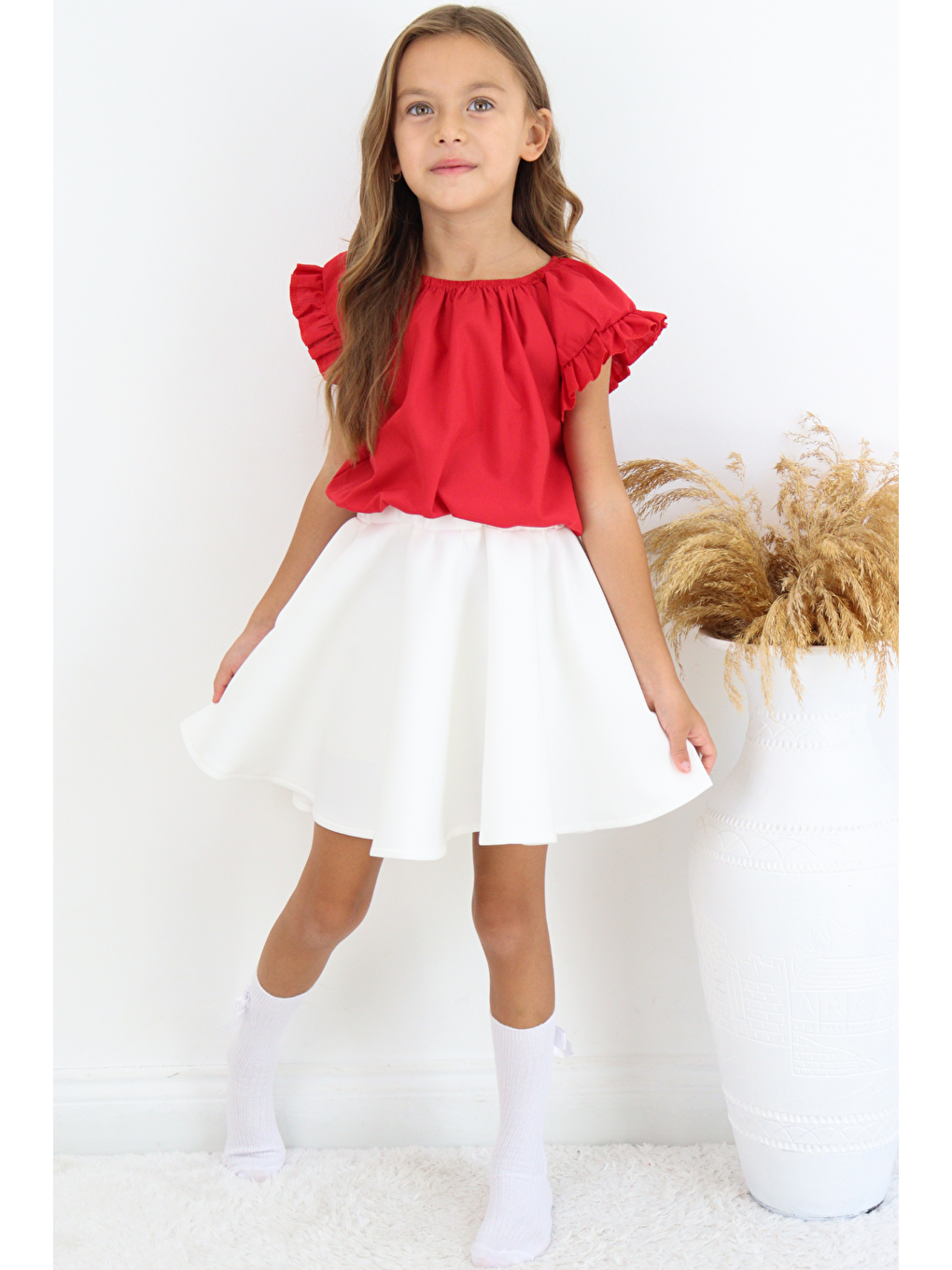 Kız Çocuk Kırmızı Bluz Krem Etek 23 Nisan 29 Ekim Gösteri Takımı-3