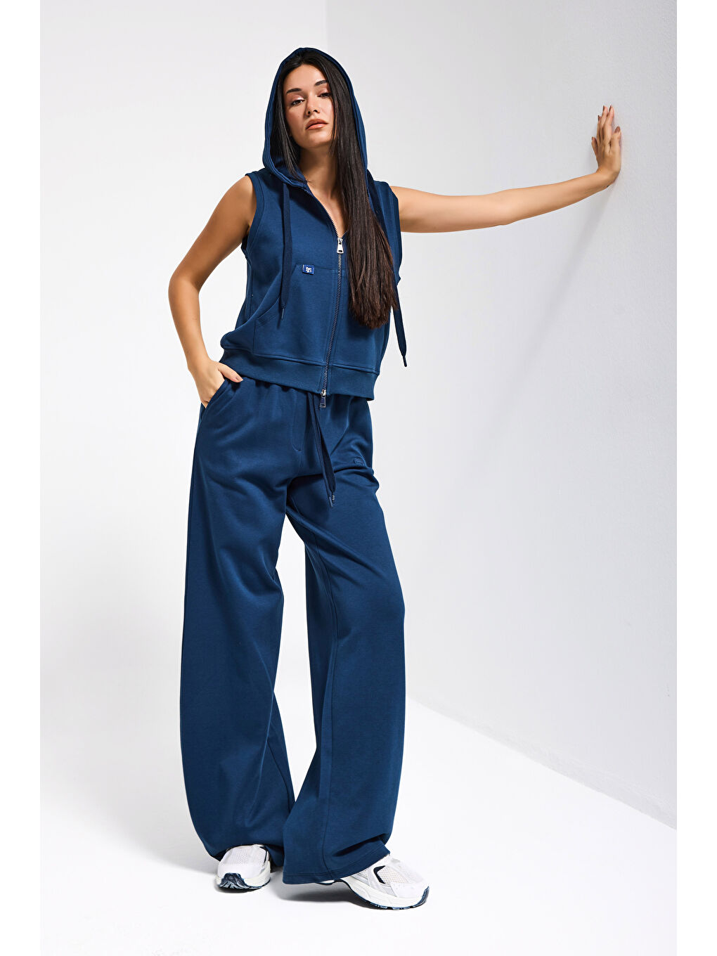 Kadın Lacivert s6-56 Alt Üst Kapüşonlu Yelek Yürüyüş Pantolonu 2'li Tasarım Takım-6
