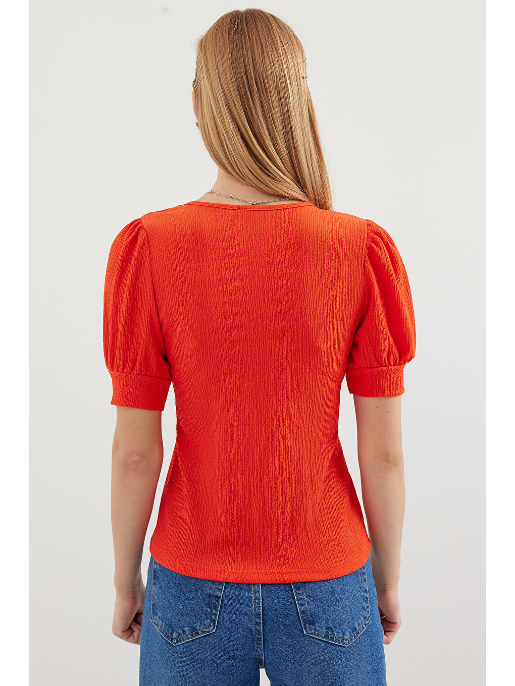 Turuncu 0409 Kare Yaka Örme Bluz - Oranje-4