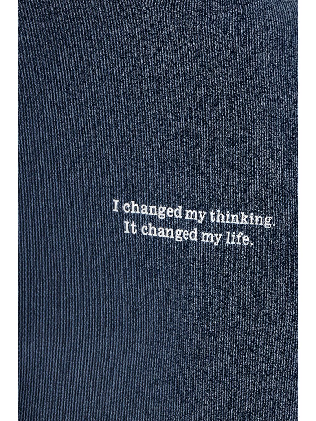 Erkek Standart Fit Pamuklu Jakarlı Baskılı Bisiklet Yaka Beli Bağcıklı Lacivert Şort Takım-2