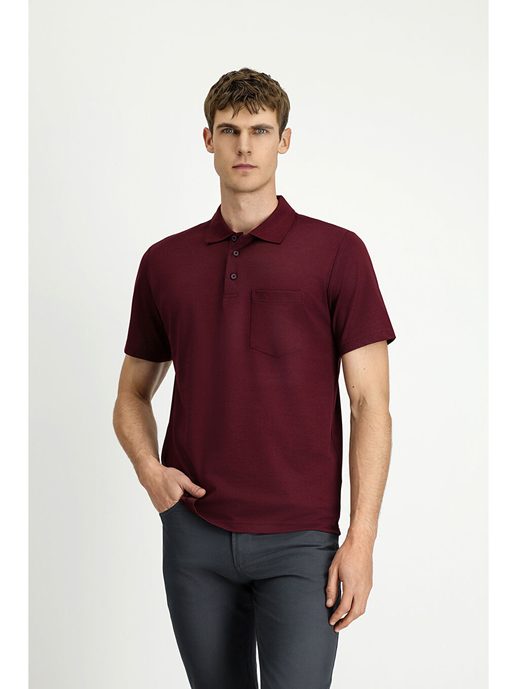 Bordo Regular Fit Pamuklu Nakışlı Cepli Polo Yaka Tişört