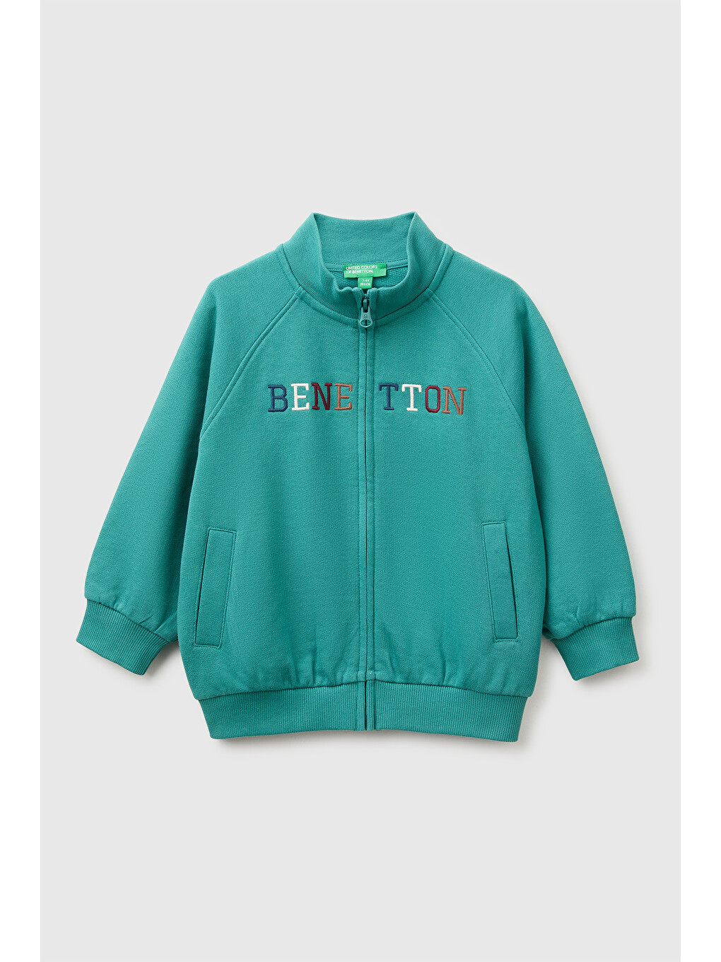 Erkek Bebek Petrol Yeşili Önü İşlemeli Ribanalı Boğazlı Fermuarlı Dik Yaka Sweatshirt
