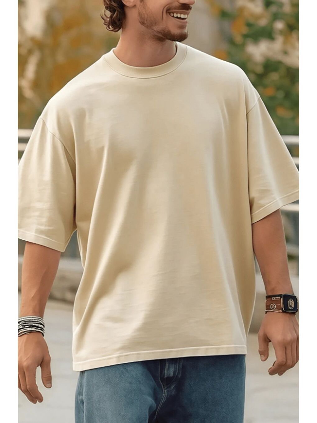 Bej Erkek %100 Organik Pamuklu Kalın Dokulu Comfort Fit Bisiklet Yakalı T-shirt