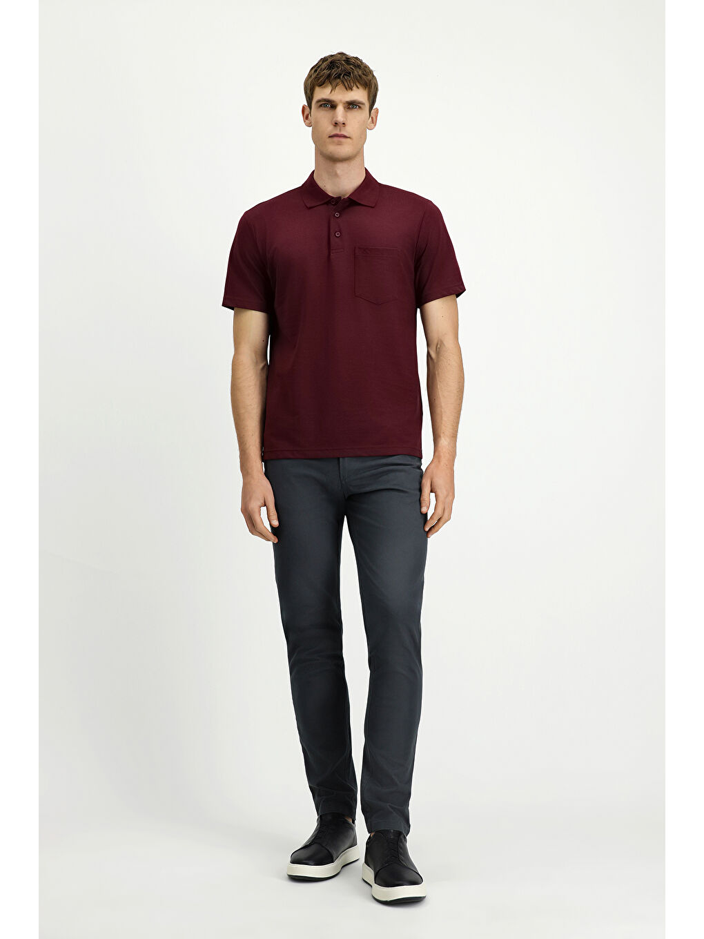 Bordo Regular Fit Pamuklu Nakışlı Cepli Polo Yaka Tişört-1