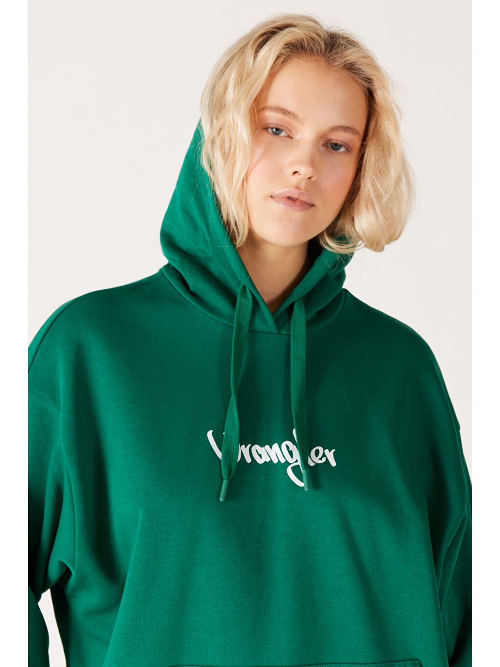 Haki Oversize Bol Kesim Kapüşonlu Sırt Baskılı Yeşil Sweatshirt-2