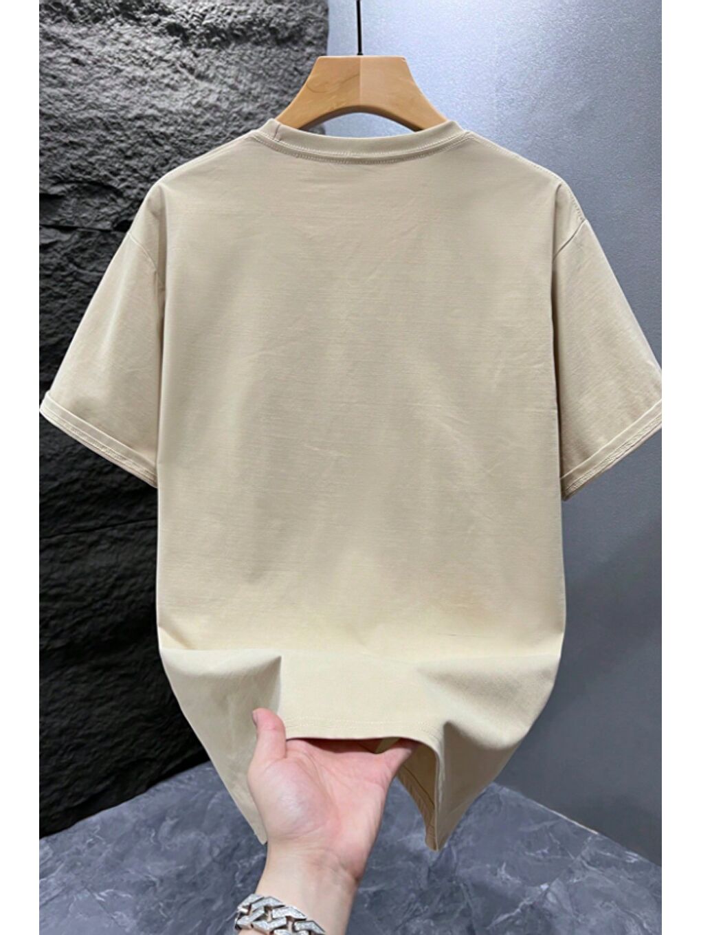 Bej Erkek %100 Organik Pamuklu Kalın Dokulu Comfort Fit Bisiklet Yakalı T-shirt-1