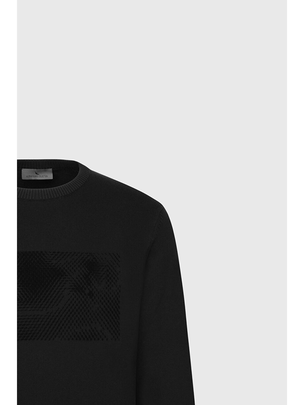 Erkek Siyah %100 Pamuk Standart Fit Bisiklet Yaka Baskılı Triko Kazak-6