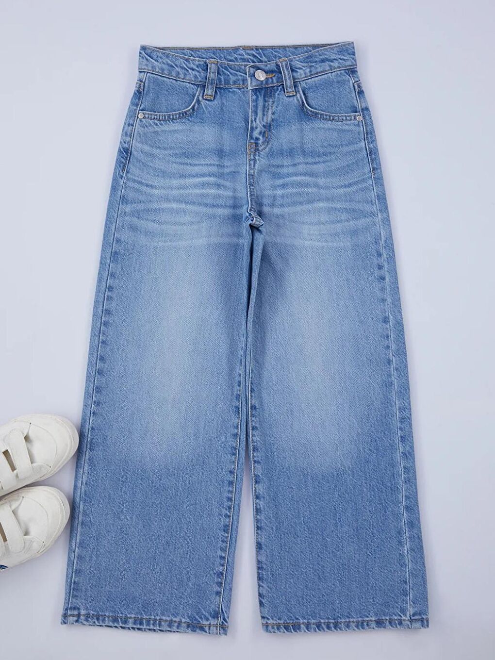 Mavi Renk Kız Çocuk Düz %100 Pamuk Lastikli Denim Pantolon