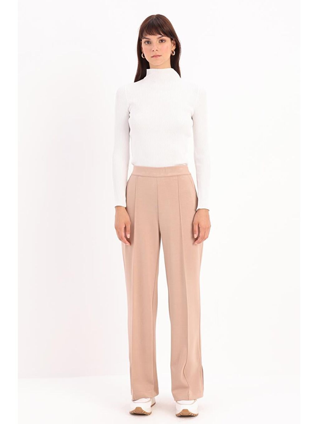 Bej Vizon-Nervürlü Bol Paça Örme Pantolon-1