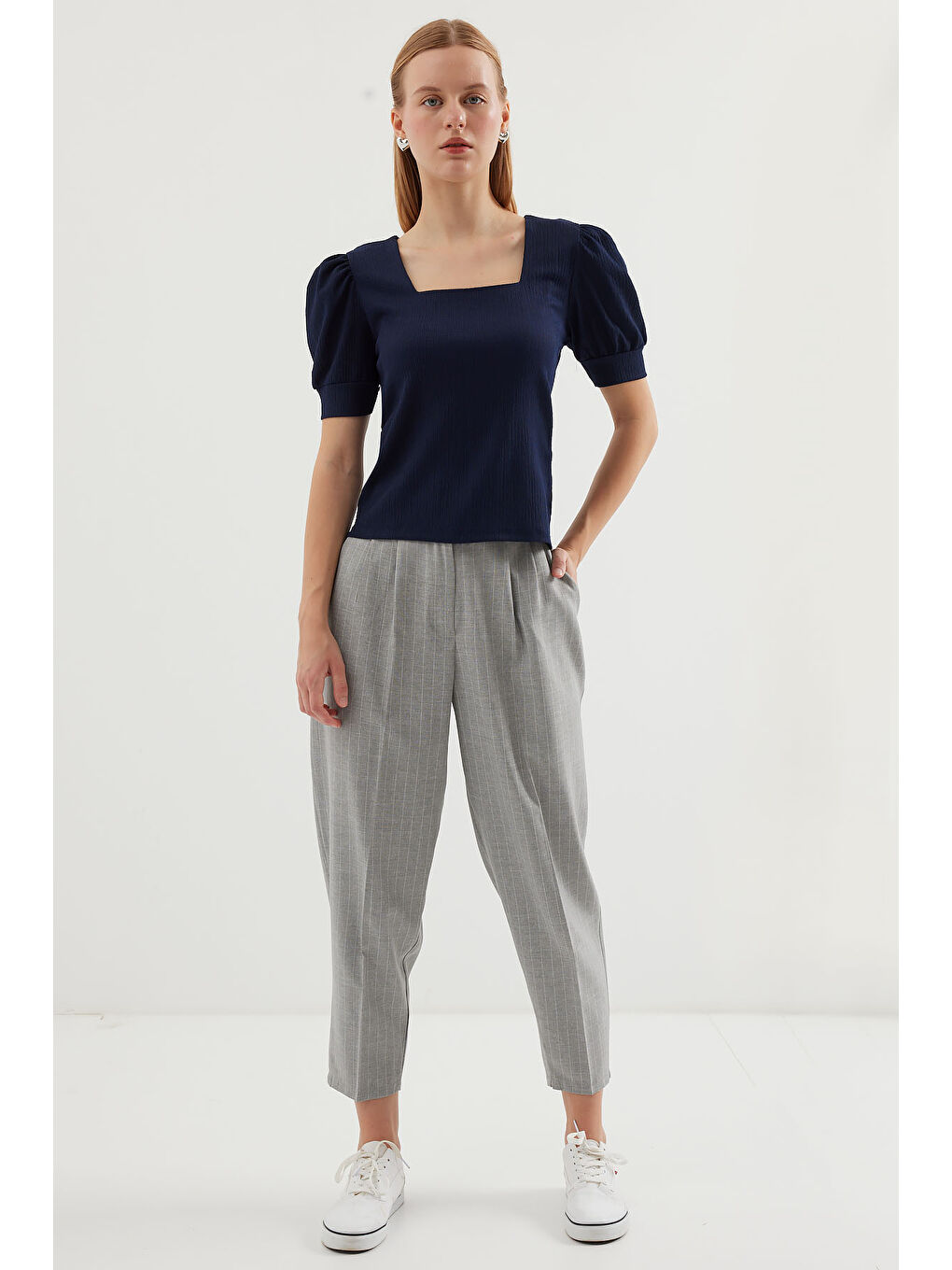 0409 Kare Yaka Örme Bluz - Lacivert-1