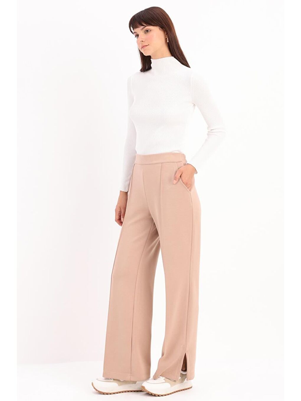 Bej Vizon-Nervürlü Bol Paça Örme Pantolon-2
