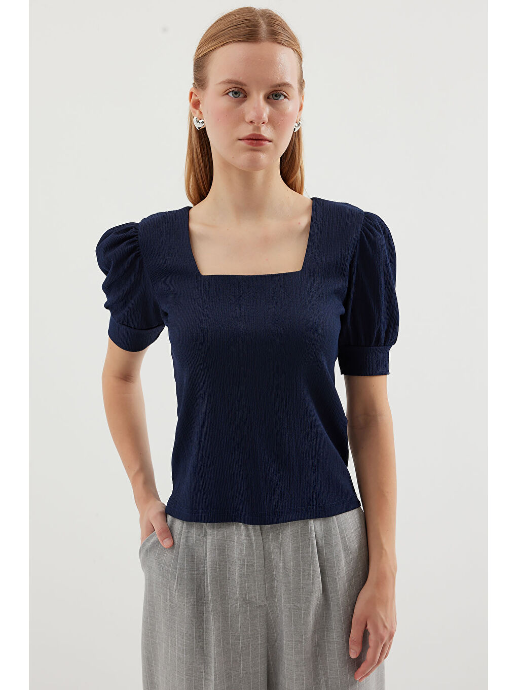 0409 Kare Yaka Örme Bluz - Lacivert-2