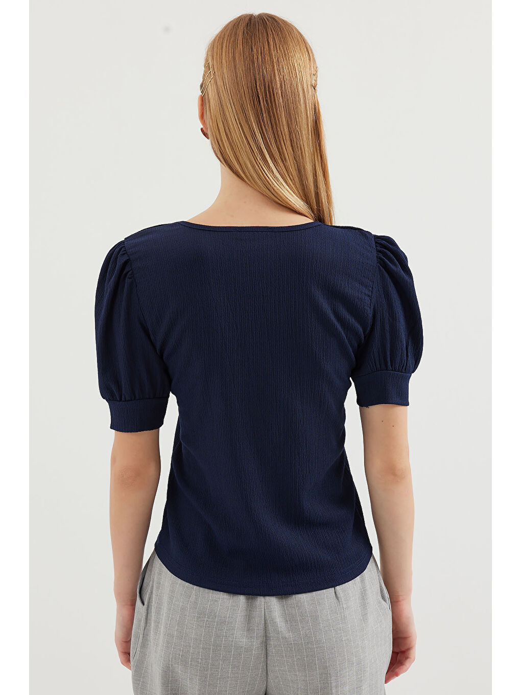 0409 Kare Yaka Örme Bluz - Lacivert-4