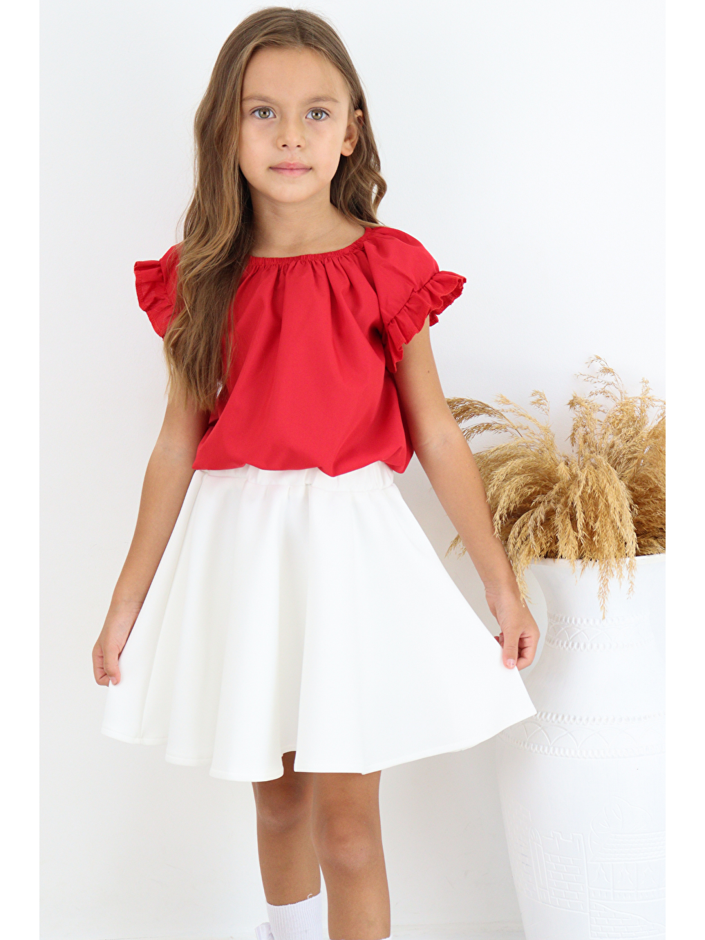 Kız Çocuk Kırmızı Bluz Krem Etek 23 Nisan 29 Ekim Gösteri Takımı-5
