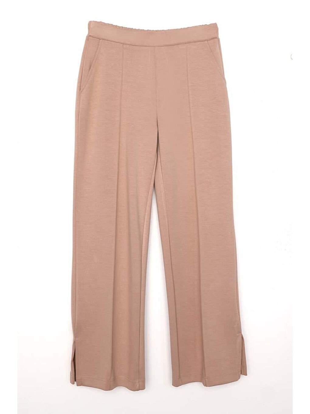 Bej Vizon-Nervürlü Bol Paça Örme Pantolon-5