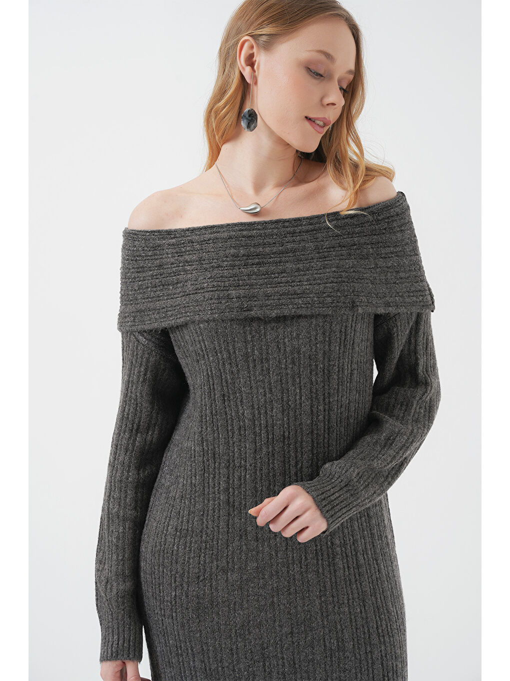 15920 Madonna Yaka Oversize Triko Elbise - Antrasit-2