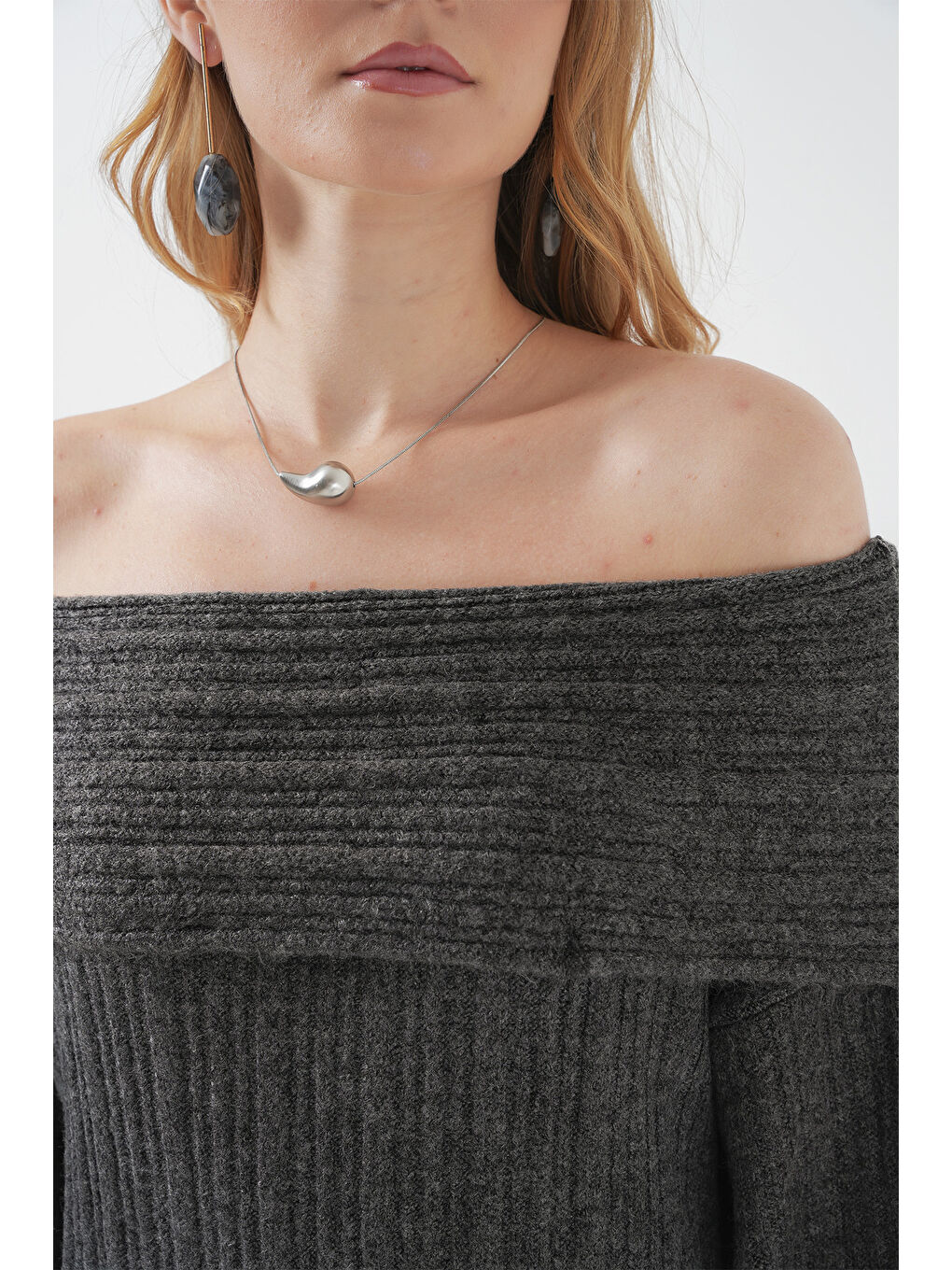 15920 Madonna Yaka Oversize Triko Elbise - Antrasit-4