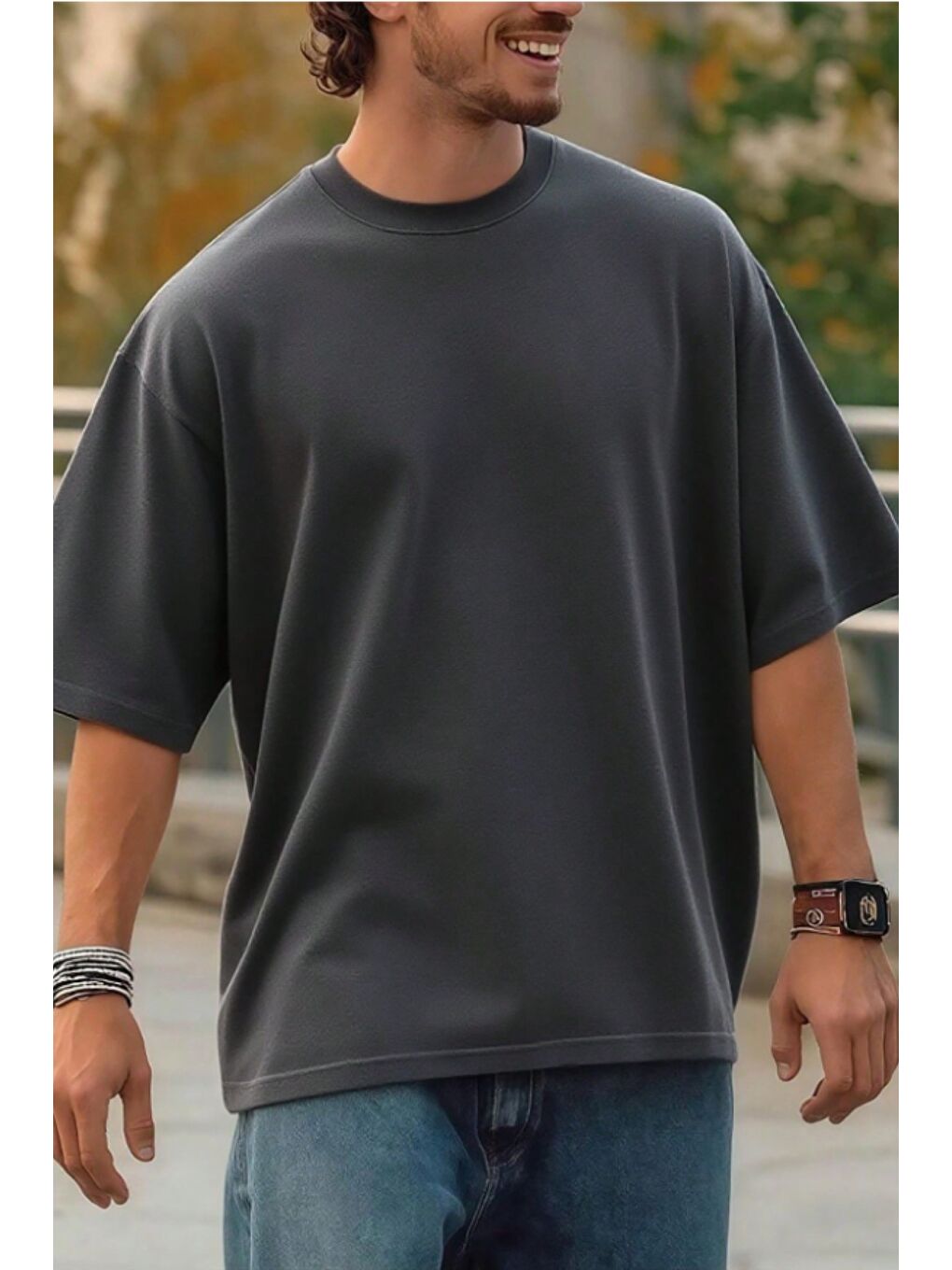 Gri Erkek %100 Organik Pamuklu Kalın Dokulu Comfort Fit Bisiklet Yakalı T-shirt