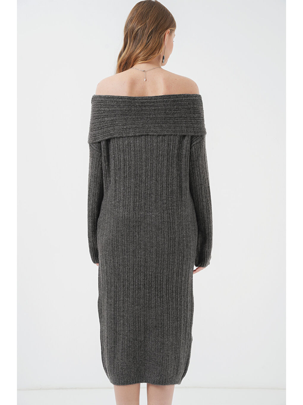 15920 Madonna Yaka Oversize Triko Elbise - Antrasit-5