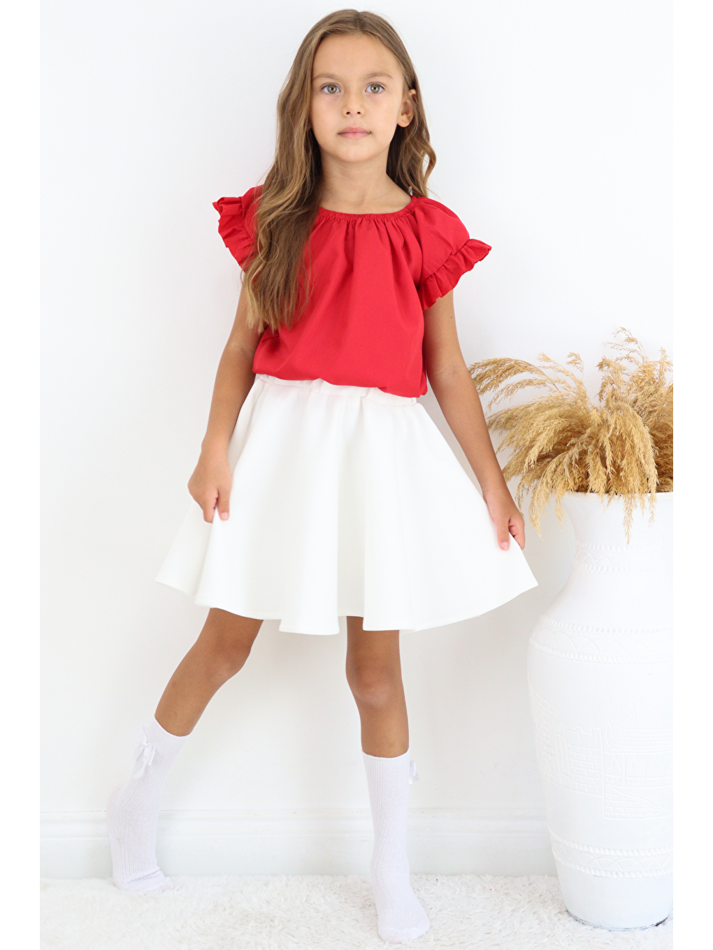 Kız Çocuk Kırmızı Bluz Krem Etek 23 Nisan 29 Ekim Gösteri Takımı-6
