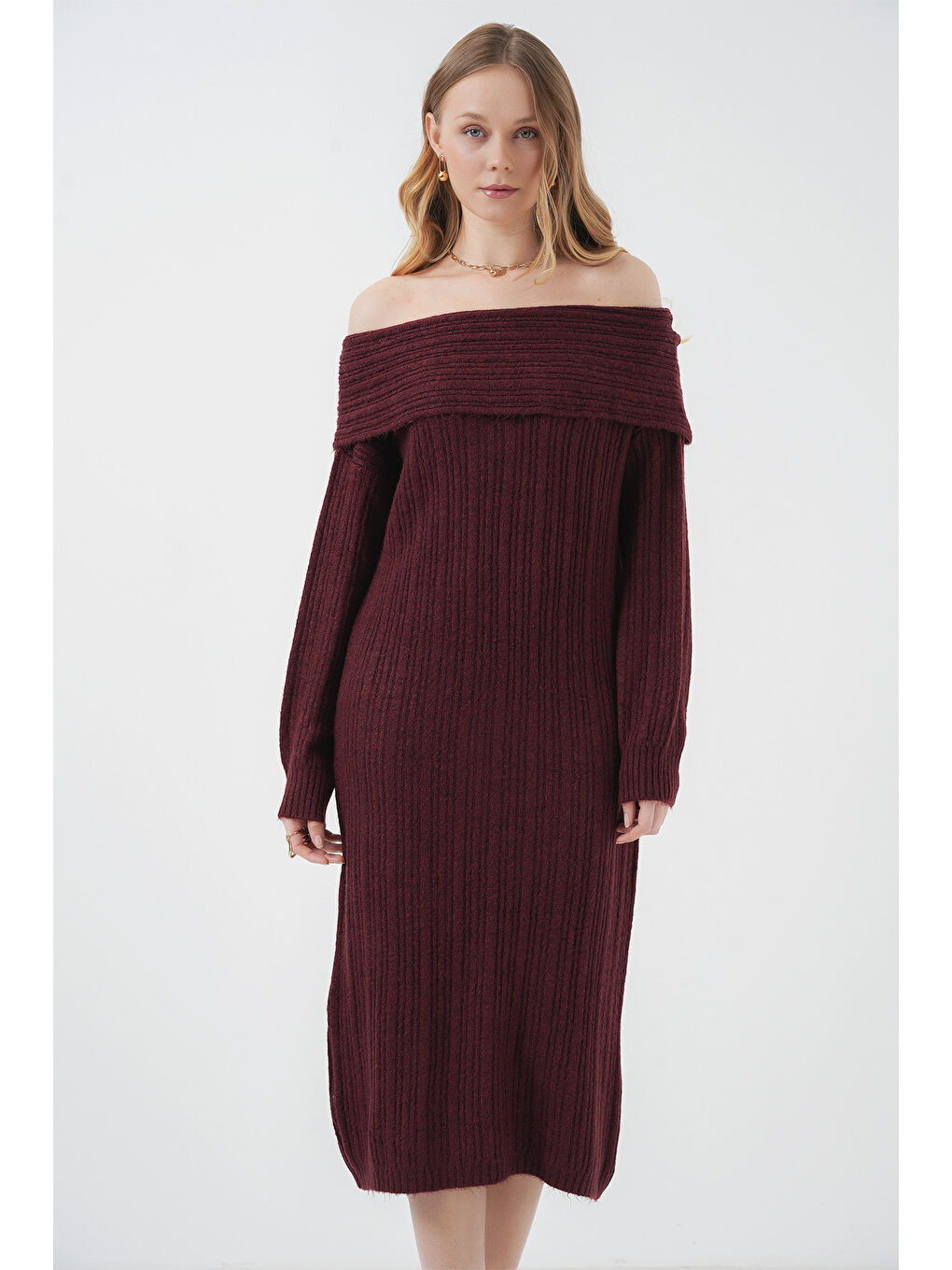 15920 Madonna Yaka Oversize Triko Elbise - Bordo