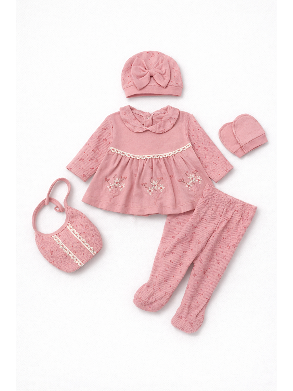 Pembe Kız Bebek Lüx Kutulu Waffle Kumaş Çiçekli Fiyonklu 5li Hastane Çıkış Seti Yenidoğan Pamuklu