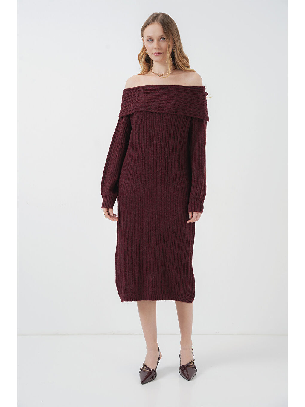 15920 Madonna Yaka Oversize Triko Elbise - Bordo-1