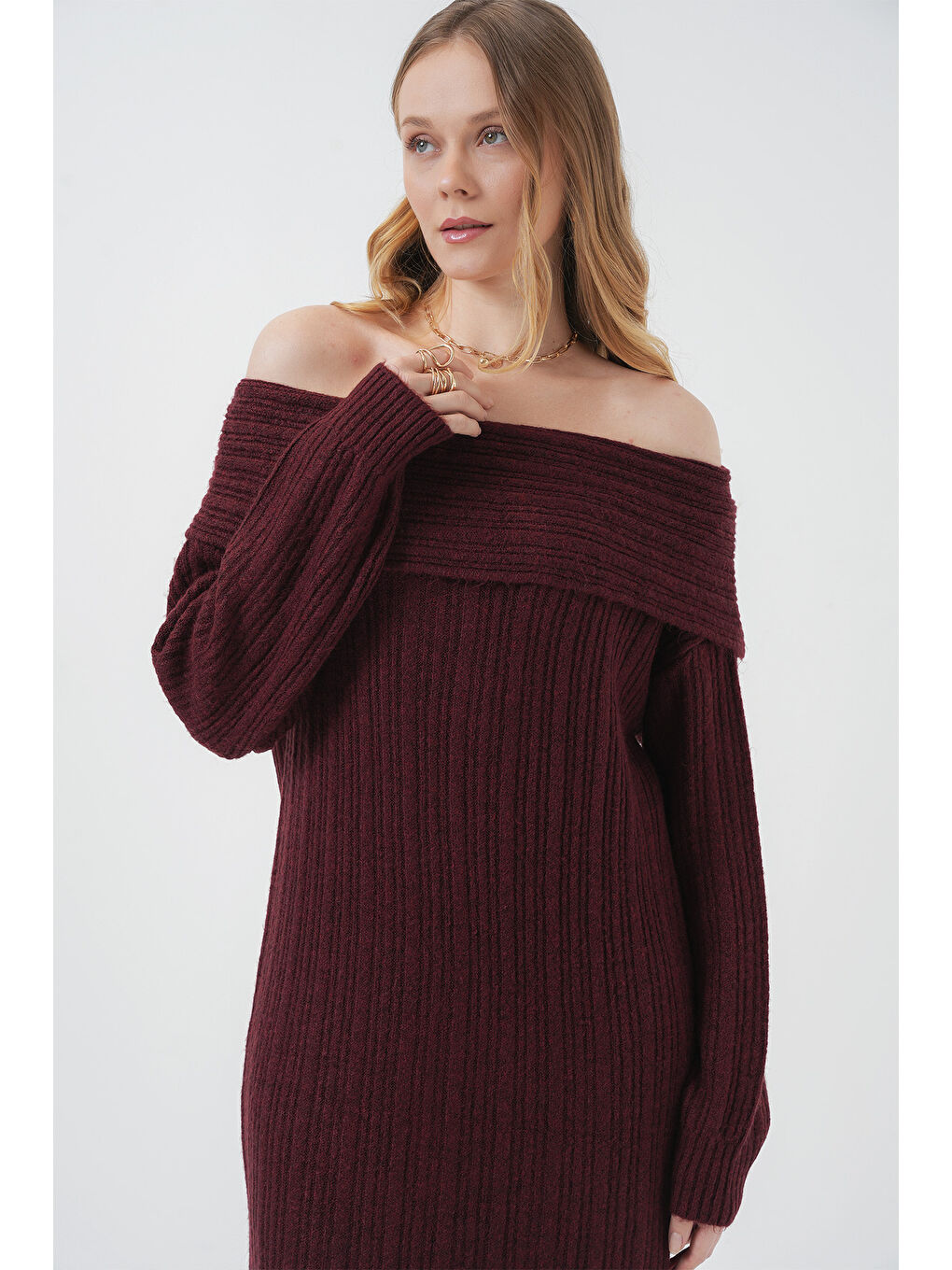 15920 Madonna Yaka Oversize Triko Elbise - Bordo-2