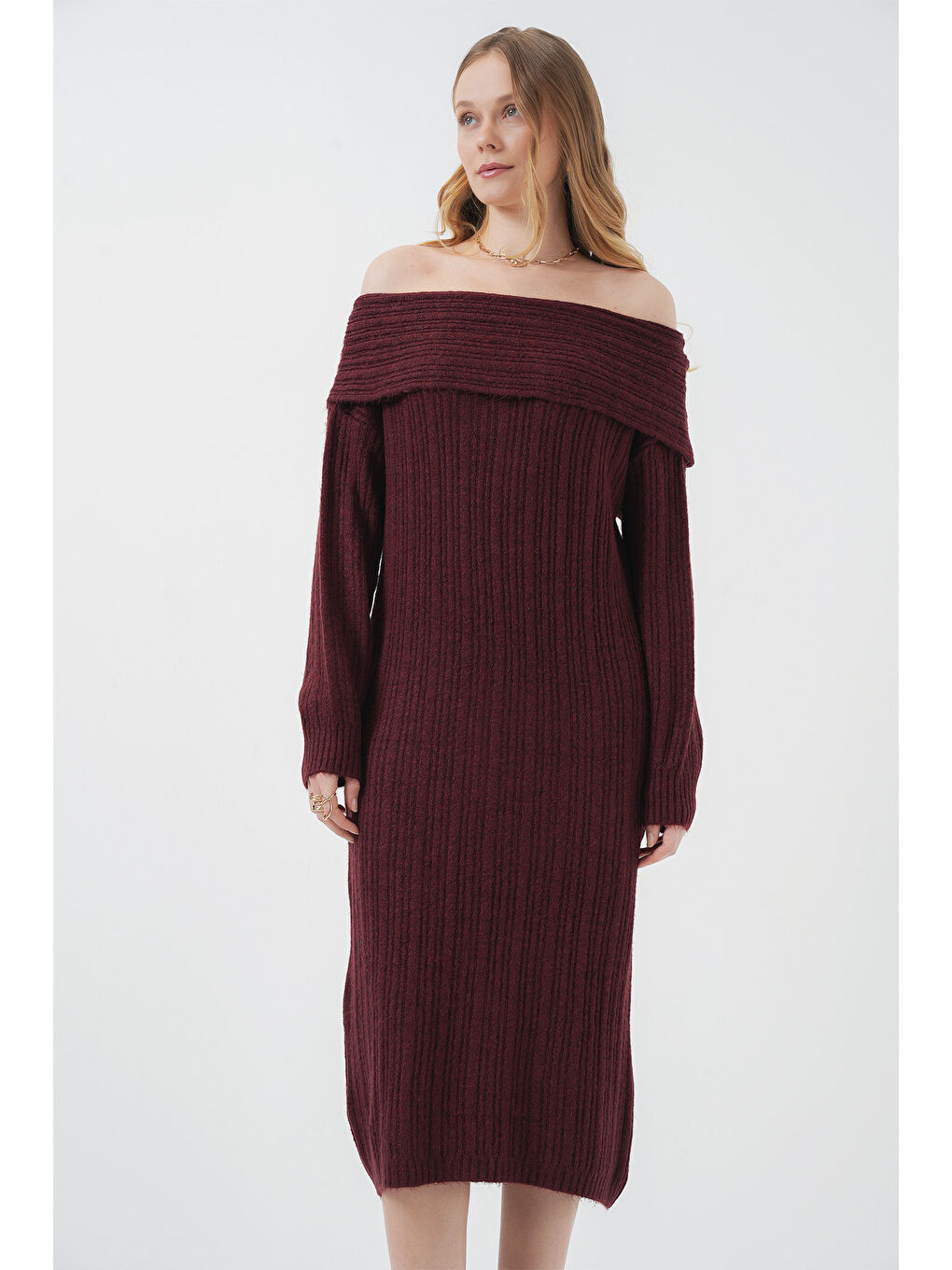 15920 Madonna Yaka Oversize Triko Elbise - Bordo-3