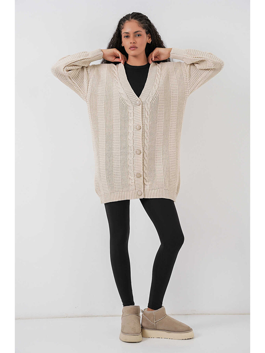 Bej Kadın Tesettür Triko Hırka 15768-1