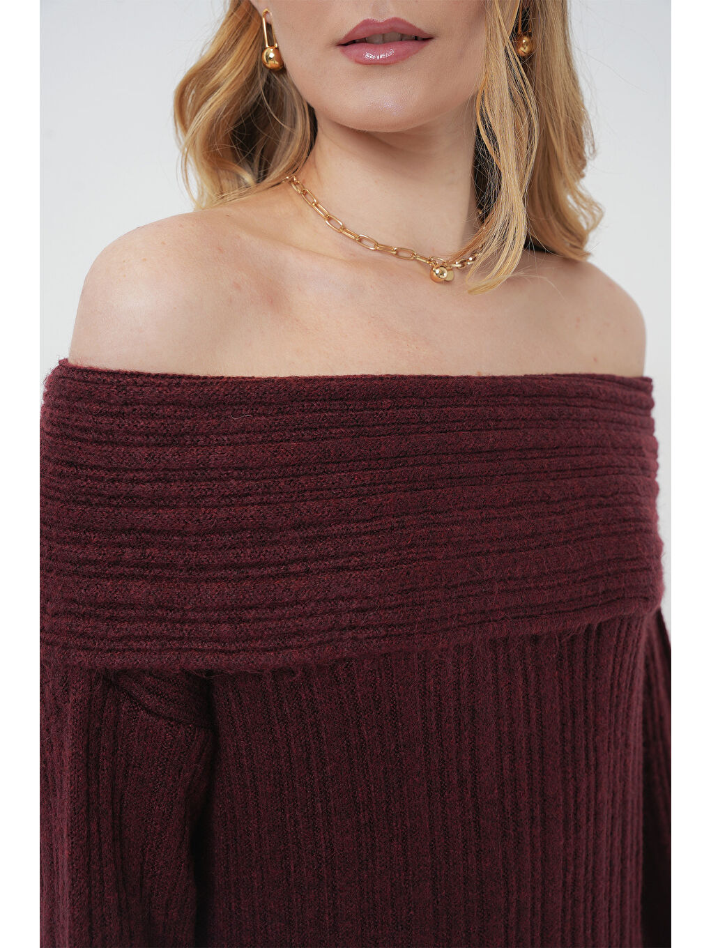 15920 Madonna Yaka Oversize Triko Elbise - Bordo-4