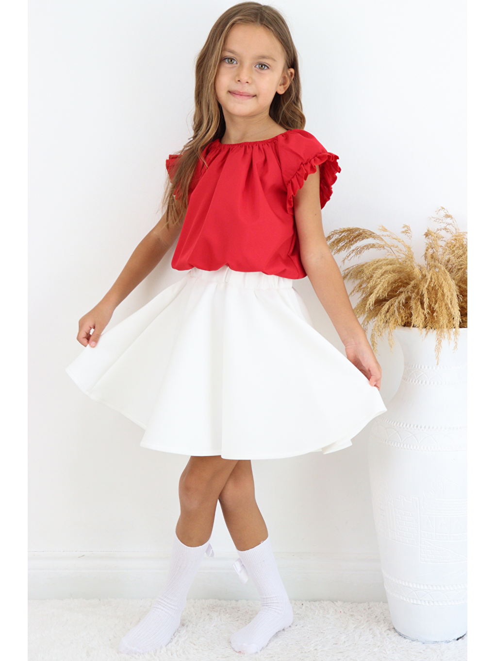 Kız Çocuk Kırmızı Bluz Krem Etek 23 Nisan 29 Ekim Gösteri Takımı-7