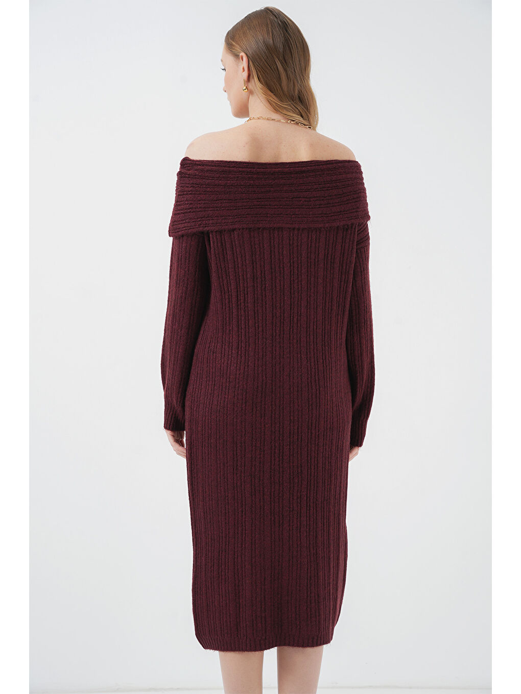 15920 Madonna Yaka Oversize Triko Elbise - Bordo-5