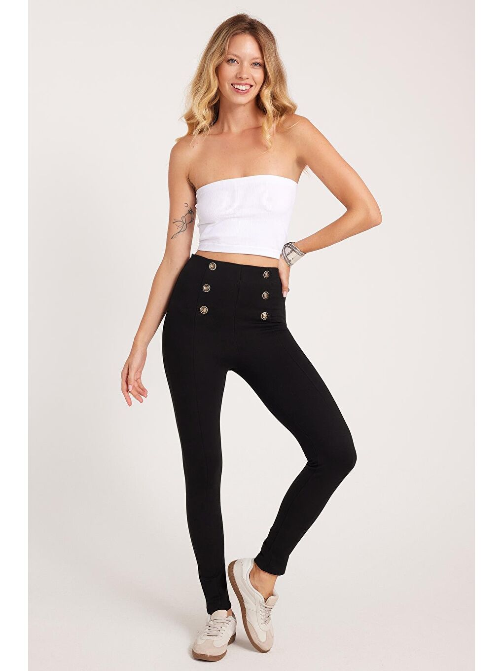 Kadın Slim Fit Dar Kesim Beli Lastikli Düğme Detaylı Siyah Tayt-3
