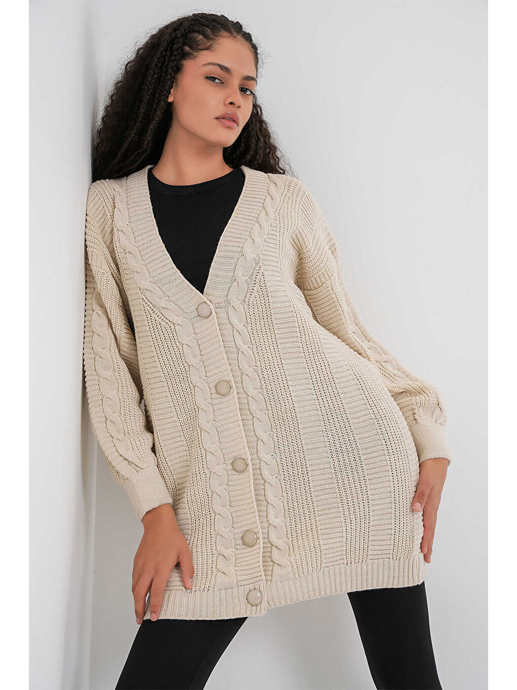 Bej Kadın Tesettür Triko Hırka 15768-2