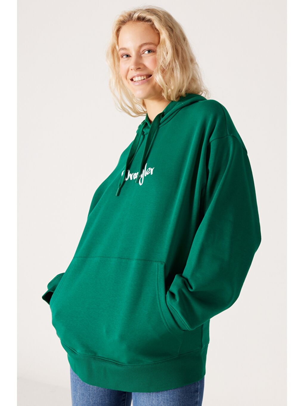 Haki Oversize Bol Kesim Kapüşonlu Sırt Baskılı Yeşil Sweatshirt-4