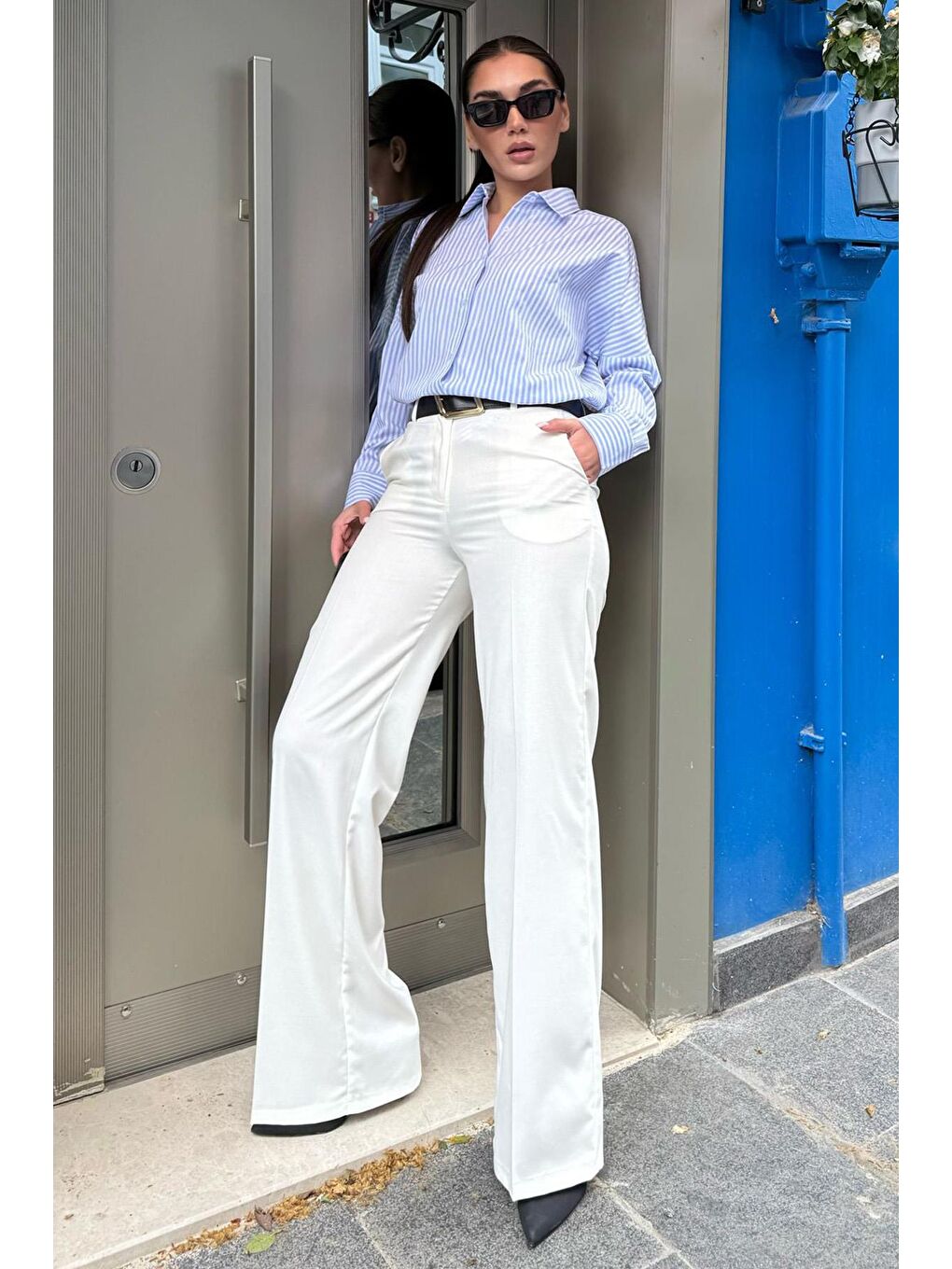 Beyaz Yüksek Bel Kumaş Pantolon Mg2285