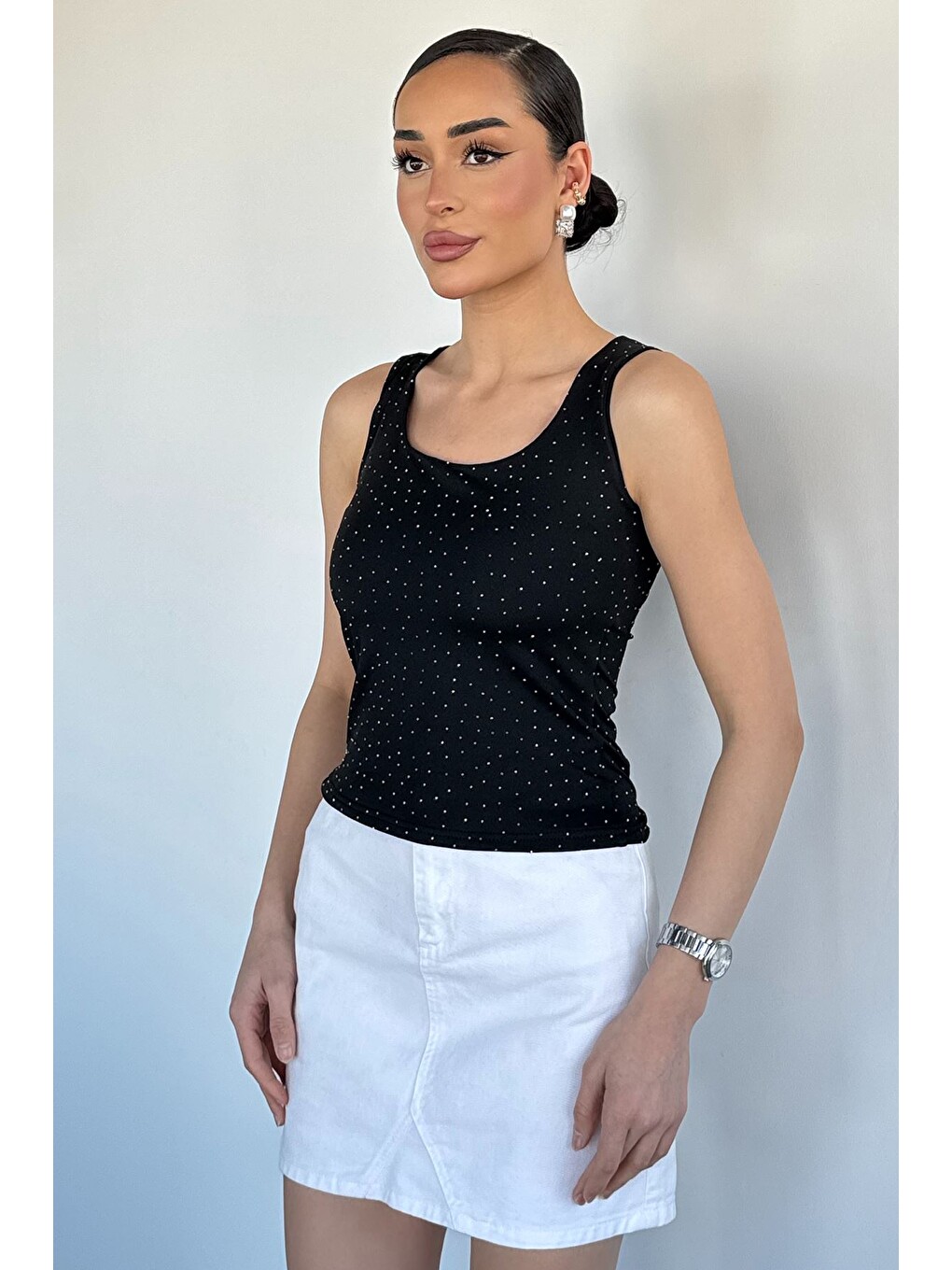 Siyah Kadın Taş İşlemeli Elastanlı Bluz