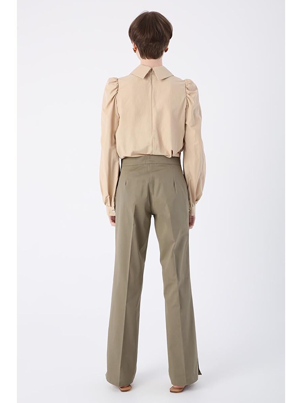 Haki Pamuklu Ütü İzli Paçası Yırtmaçlı Elastanlı Bol Paça Pantolon-3