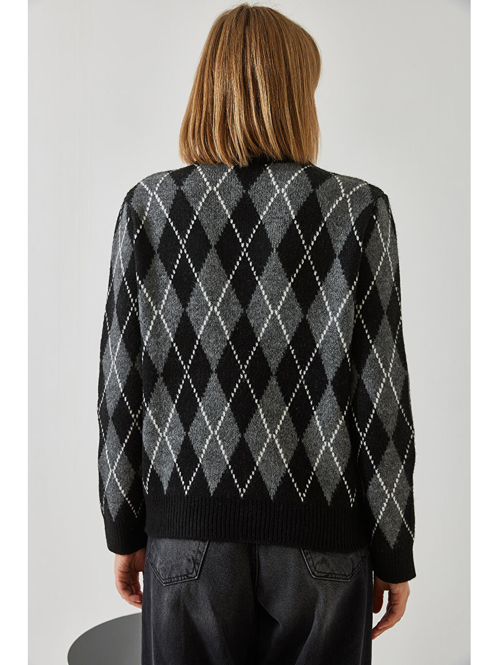 Siyah Kadın Bisiklet Yaka Baklava Desenli Kazak-2