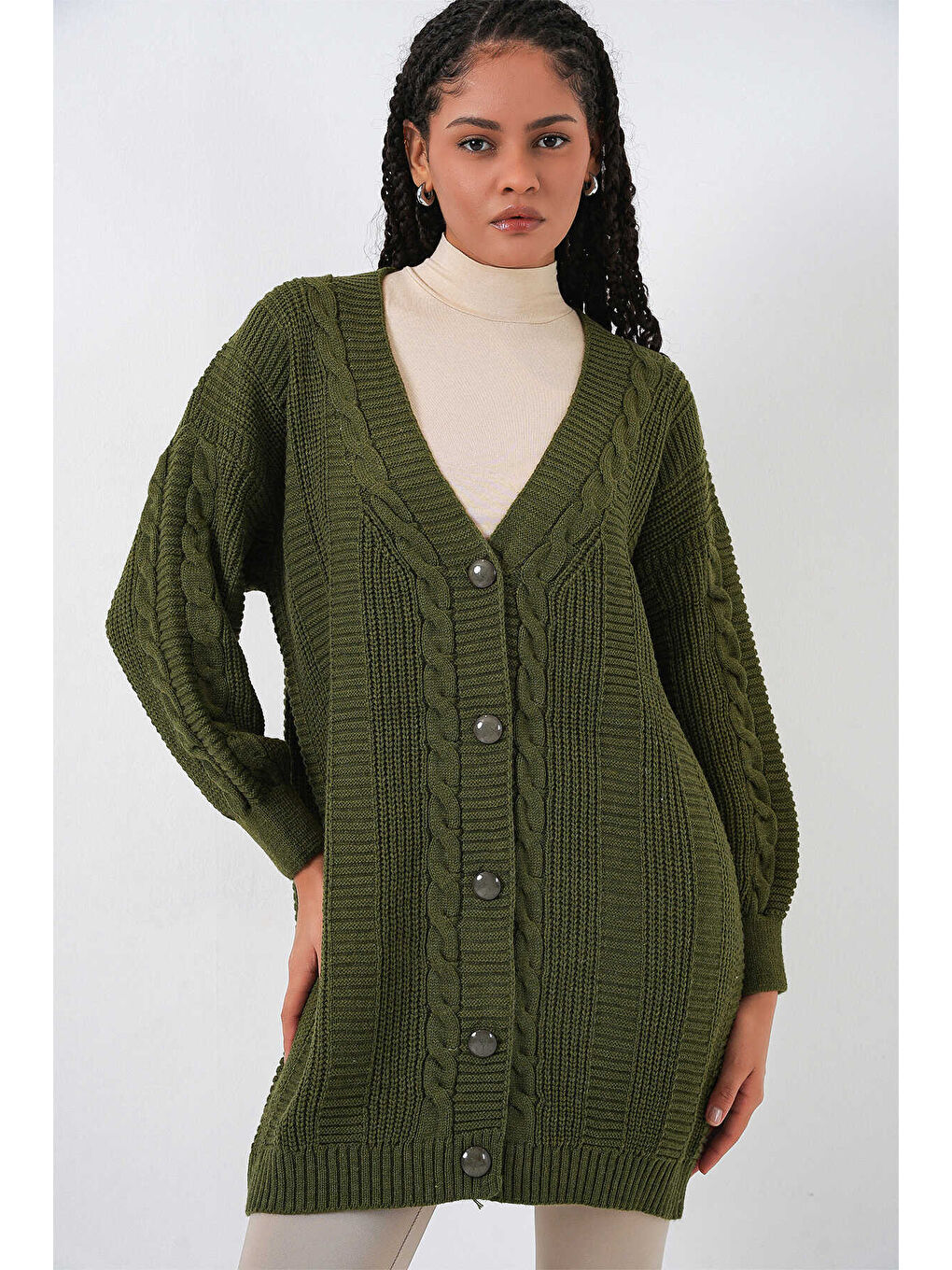 Haki Kadın Tesettür Triko Hırka 15768