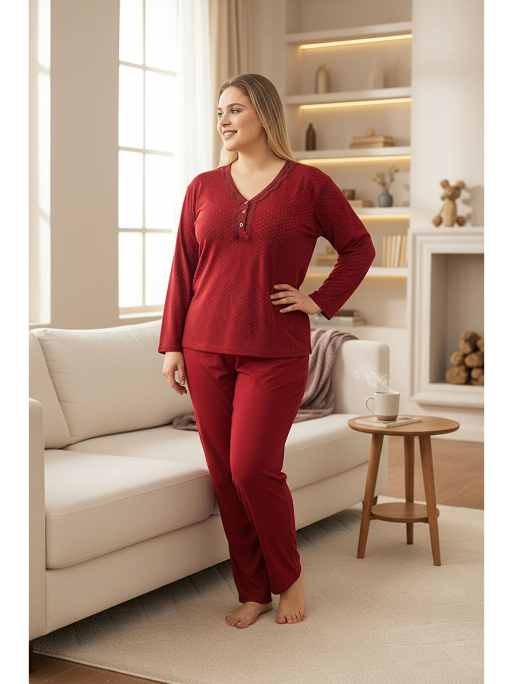 Bordo İnce Bambu Kumaş Uzun Kollu Büyük Beden Kadın Pijama Takımı 800-1