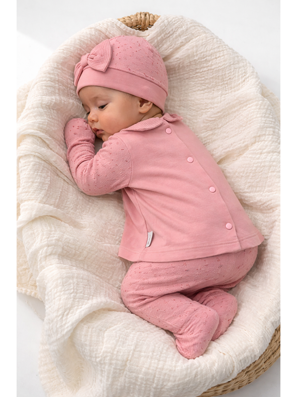 Pembe Kız Bebek Lüx Kutulu Waffle Kumaş Çiçekli Fiyonklu 5li Hastane Çıkış Seti Yenidoğan Pamuklu-1