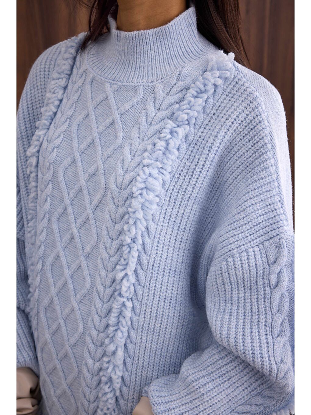 Püskül Detaylı Örme Kazak Buz Mavi-1