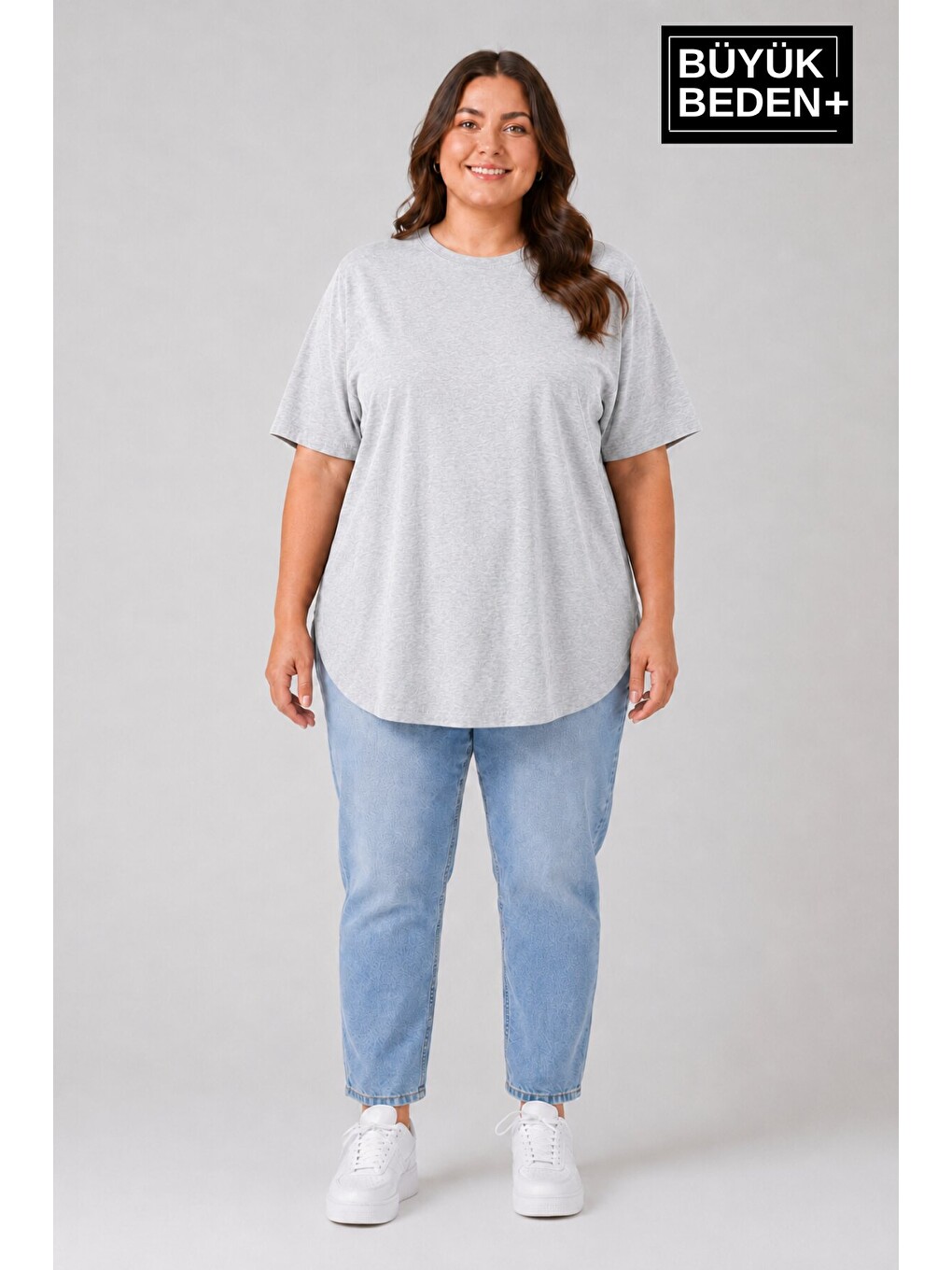 Gri Büyük Beden Kadın Bisiklet Yaka Basic Oval Etek Detalylı 3xl-6xl Uzun Tunik Spr26btsk502