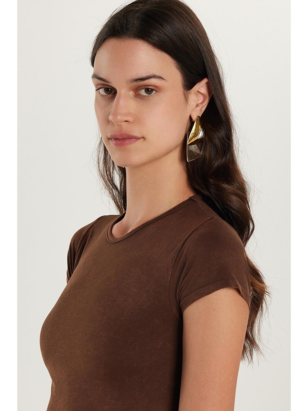 Kadın Slim Fit Dar Kesim Düz Basic Bisiklet Yaka Kahverengi Tişört-1