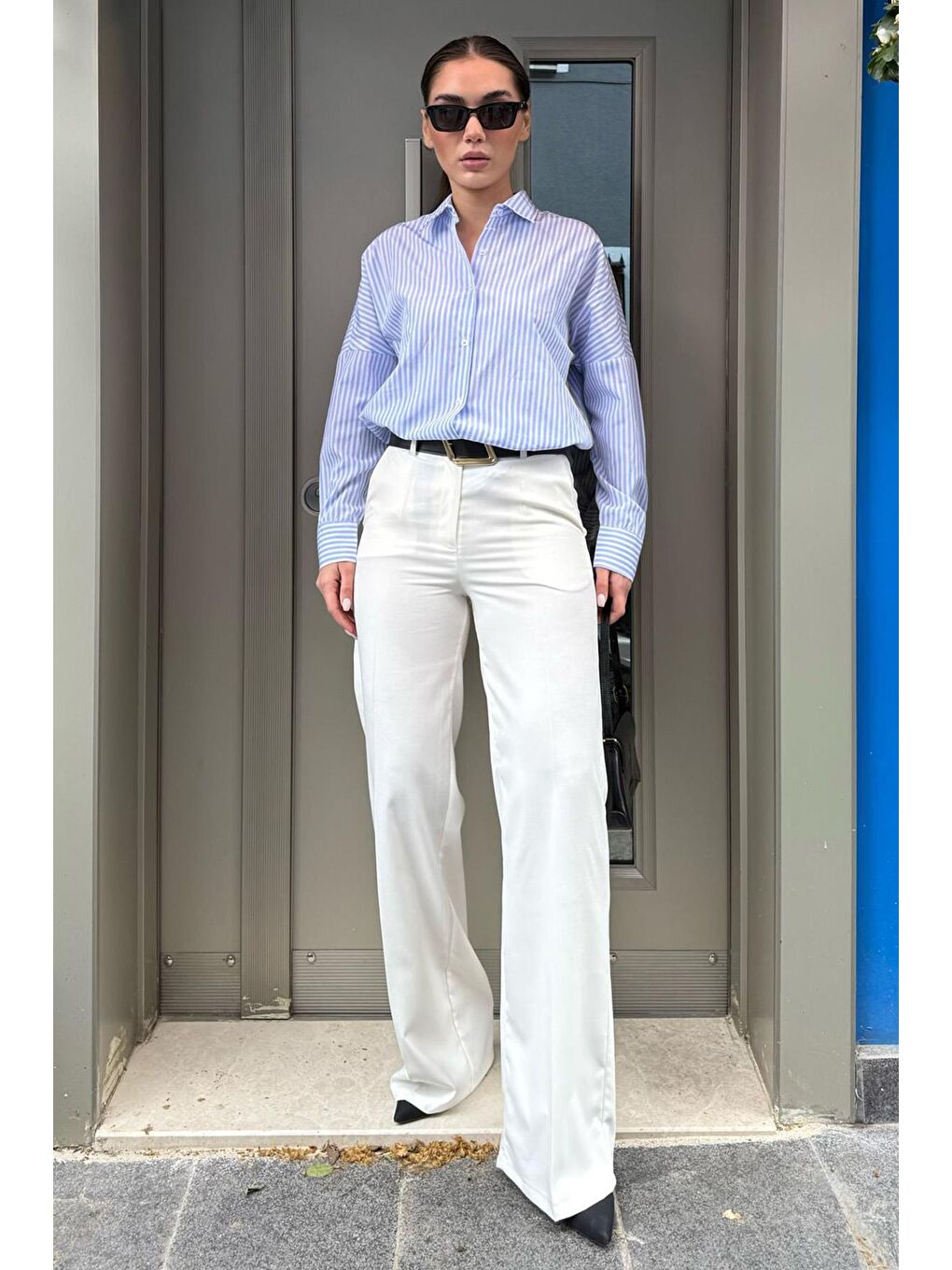 Beyaz Yüksek Bel Kumaş Pantolon Mg2285-1