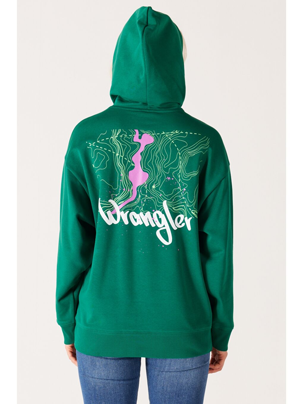 Haki Oversize Bol Kesim Kapüşonlu Sırt Baskılı Yeşil Sweatshirt-5